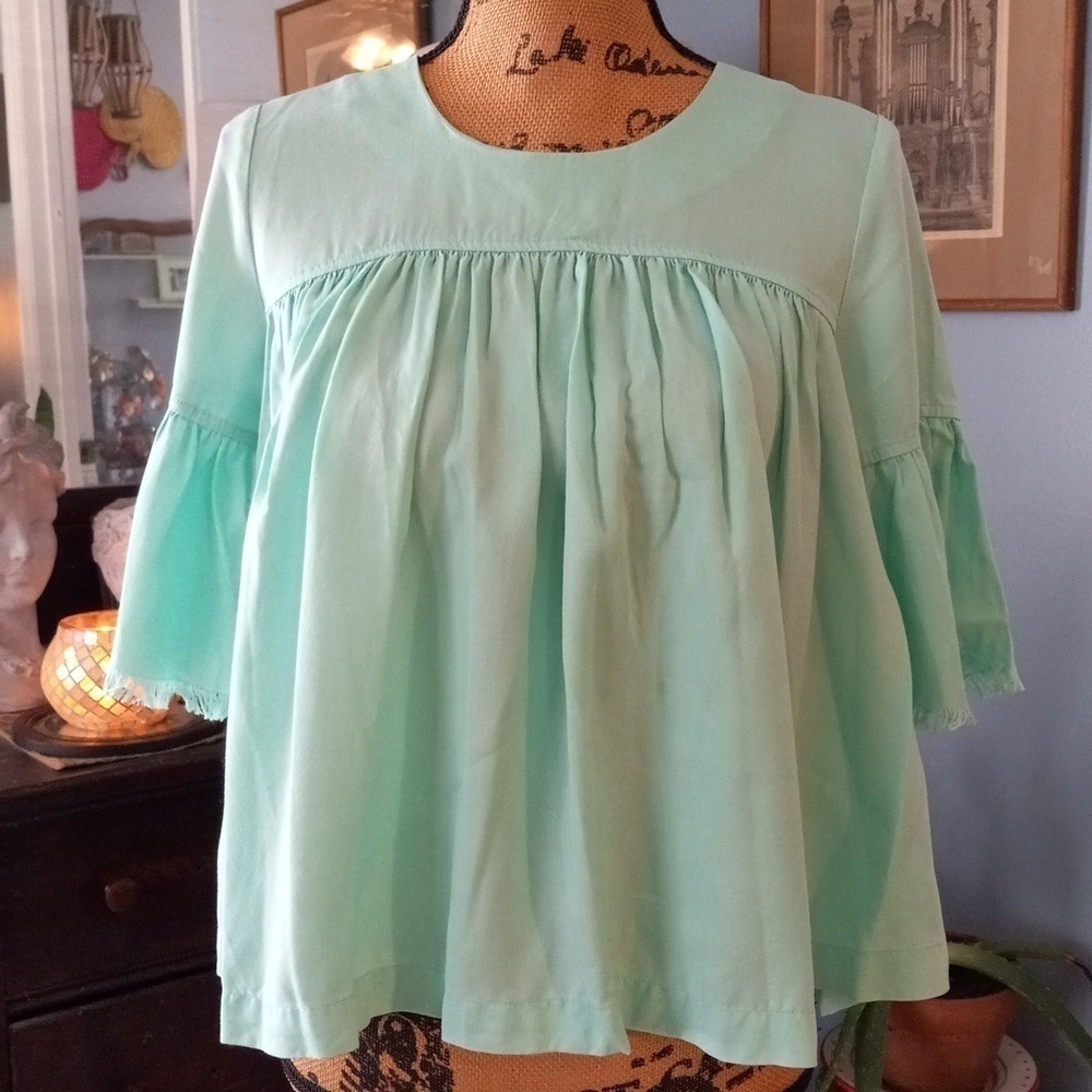 Crown and Ivy Mint Blue-Green Babydoll Pleated Bell Sleeve Blouse